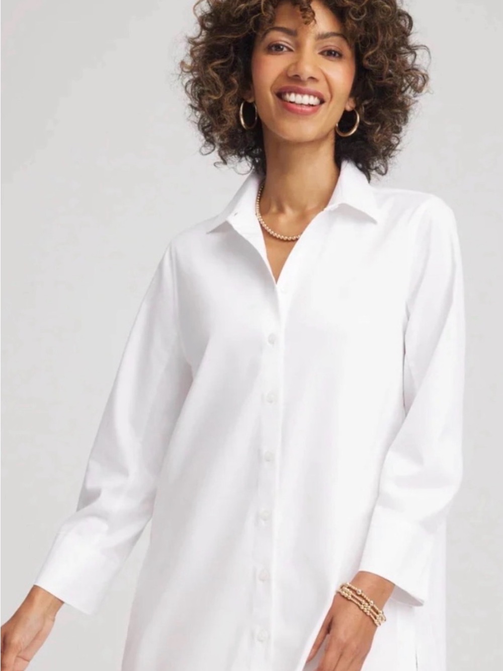 NWT Chico's no iron stretch solid White 3/4 sleeves Button-Down Shirt. Size 10